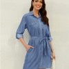 Women's Casual Button Down Jean Shirt Dress Long Sleeve Tie Waist Lightweight Denim Shirt Dress