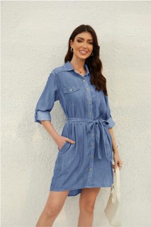 Women's Casual Button Down Jean Shirt Dress Long Sleeve Tie Waist Lightweight Denim Shirt Dress