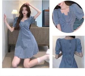 Summer Womens Blue Comfortable Denim Dress Puff Sleeve Short Casual Jean Dress