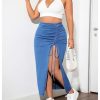 Women's Plus Size Split Thigh Ruched Drawstring Bodycon Denim Midi Skirts