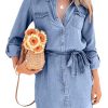 Women's Casual Button Down Jean Shirt Dress Long Sleeve Tie Waist Lightweight Denim Shirt Dress