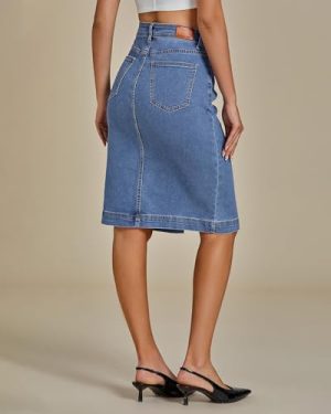 Jean Skirts for Women Denim Trendy Summer Casual Stretchy High Waisted Midi Below Knee Pencil Skirt with Slit