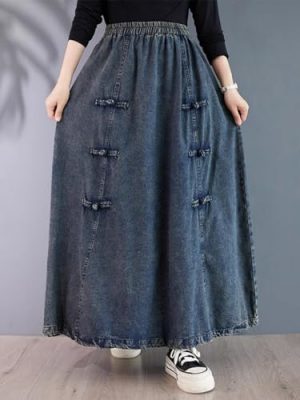 Retro Chinese Style Buckle Denim Skirt for in Spring and Autumn Waist Large Size Slim Long Swaying