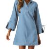 Womens Denim Shirt Dress Collared V Neck Bell Long Sleeve Mini Casual A-line Jean Dresses with Bow