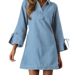 Womens Denim Shirt Dress Collared V Neck Bell Long Sleeve Mini Casual A-line Jean Dresses with Bow