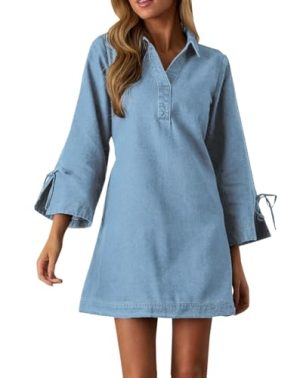 Womens Denim Shirt Dress Collared V Neck Bell Long Sleeve Mini Casual A-line Jean Dresses with Bow