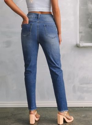 Women's High Waisted Jeans Strechy Fashion Raw Hem Straight Leg Ankle Denim Pants with Pockets