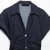 Womens Denim Shirt Dress Short Sleeve Long Ruched Bodycon Casual Elegant Midi Jean Dress