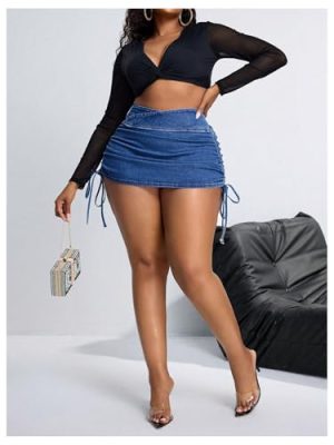 Women's Plus Size Cross Wrap Waist Denim Skirt Drawstring Side Mini Skirt