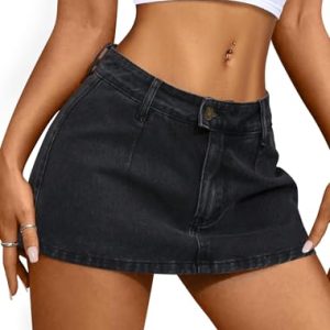 Denim Mini Skirt for Women Low Waisted Jean Micro Skort with Shorts Stretch Casual Jean Skirt
