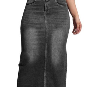 Women High Waist Midi Denim Skirt with Back Slit Casual A-Line Long Jean Skirts with Pockets Ladies