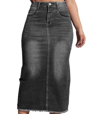 Women High Waist Midi Denim Skirt with Back Slit Casual A-Line Long Jean Skirts with Pockets Ladies
