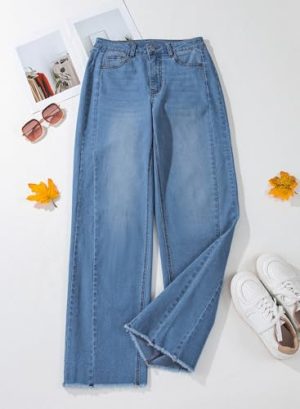 Women's Wide Leg Jeans High Waisted Strechy Raw Hem Zimbaplatinum Denim Pants