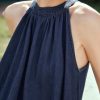 Women's Blue Long Dress, Summer Denim Halter Neck Sleeveless Beach Vacation Casual Mid Dress