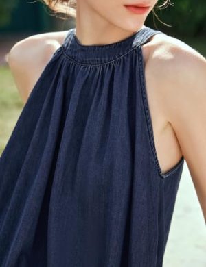 Women's Blue Long Dress, Summer Denim Halter Neck Sleeveless Beach Vacation Casual Mid Dress