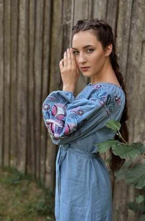 New Collection 2023 Ukrainian Vyshyvanka Dress Floral Bohemian Dress Embroidered Summer Boho Dress Long Linen Dress Blue Jeans