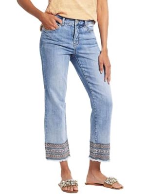 Straight Leg Jeans for Women Low Rise Cropped Jeans Wash Embroidery Raw Hem Denim Pants