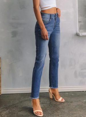 Women's High Waisted Jeans Strechy Fashion Raw Hem Straight Leg Ankle Denim Pants with Pockets