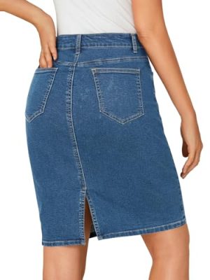 Women's Casual Stretch High Waist Back Slit Denim Jean Knee Length Skirt