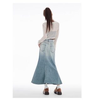 French Denim Skirt Womens Spring and Autumn Waist Slim Fish Long