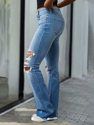 Women's Bootcut Jeans Ripped Mid Rise Stretchy Tummy Control Cut Out Raw Hem Denim Jeans