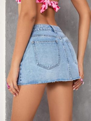 Women's Single Button Front Raw Hem Plain Denim Mini Skirt with Pockets
