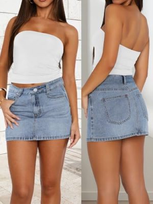 Womens Denim Skirt Casual Mini Jean Skirt Stretch Low Waist Jean Skirt for Women Zip Fly Denim Mini Skirts