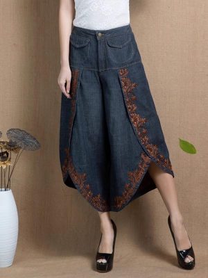 Spring and Summer Thin Trousers Embroidered Denim Skirts Pants Large