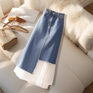 Blue Denim Skirt Spring Waist Hip- Women