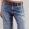 Women's Stitch Detail Mid Waist Straight Leg Jeans Without Belt