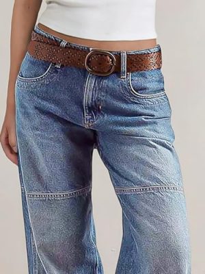 Women's Stitch Detail Mid Waist Straight Leg Jeans Without Belt