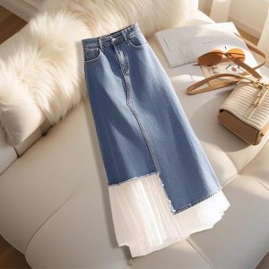 Blue Denim Skirt Spring Waist Hip- Women