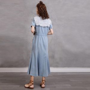 Slim Denim Long Skirt Retro Patchwork Embroidered Short Sleeved Dress
