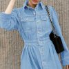 Women Denim Shirt Dress V Neck Short Sleeve Long Bottom Down A-Line Jeans Dresses with Pockets