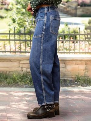 Women’s Chic Stylish Mid Waist Wash Drawstring Stitch Detail Carrot Jeans
