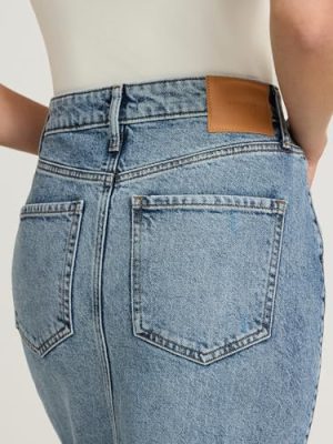 Women's High Waisted Medium Wash Front Slit Maxi Denim Skirt