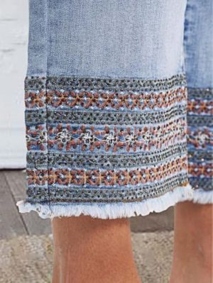 Straight Leg Jeans for Women Low Rise Cropped Jeans Wash Embroidery Raw Hem Denim Pants