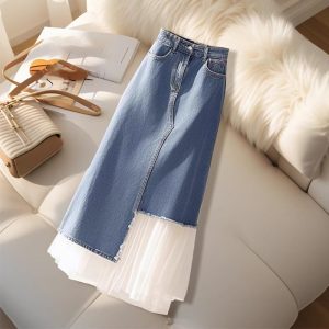 Blue Denim Skirt Spring Waist Hip- Women