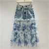 Women's Tie-Dye Denim Maxi Skirt, Gauze Patchwork with Distressed Hem Detail