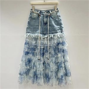 Women's Tie-Dye Denim Maxi Skirt, Gauze Patchwork with Distressed Hem Detail