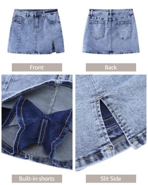 Skorts Skirts for Women Denim Mini Skirt Side Slit with High Waisted Jean Shorts Stretchy