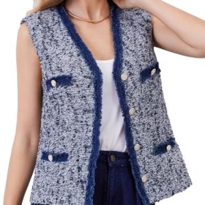 Women Tweed Vest Business Casual Vintage Lined Sleeveless Blazer Jacket