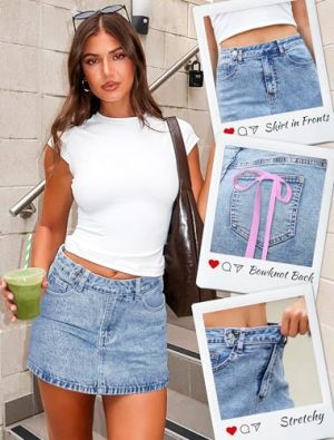 Denim Mini Skirt Women Jeans Skirts 5 Pockets High Waisted Y2K Stretch Cute Bows Short Jean Skirt