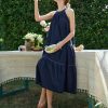 Women's Blue Long Dress, Summer Denim Halter Neck Sleeveless Beach Vacation Casual Mid Dress