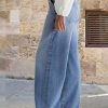 Wide Leg Jeans for Women Mid Waist Baggy Stitch Decor Denim Washed Pants Without Belt