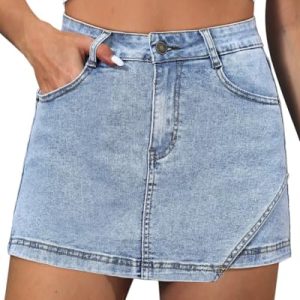 Denim Skorts for Women Skirt Stretchy High Waisted Womens Skirts Asymmetrical Hem Casual Mini Jean Skirt with Shorts