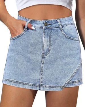 Denim Skorts for Women Skirt Stretchy High Waisted Womens Skirts Asymmetrical Hem Casual Mini Jean Skirt with Shorts