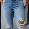 Women's Bootcut Jeans Ripped Mid Rise Stretchy Tummy Control Cut Out Raw Hem Denim Jeans