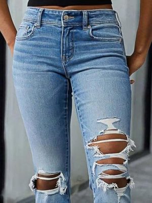 Women's Bootcut Jeans Ripped Mid Rise Stretchy Tummy Control Cut Out Raw Hem Denim Jeans