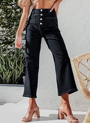 Women's Wide Leg Jeans High Waisted Zimbaplatinum Stretchy Straight Leg Jeans Buttoned Loose Denim Pants with Pocket